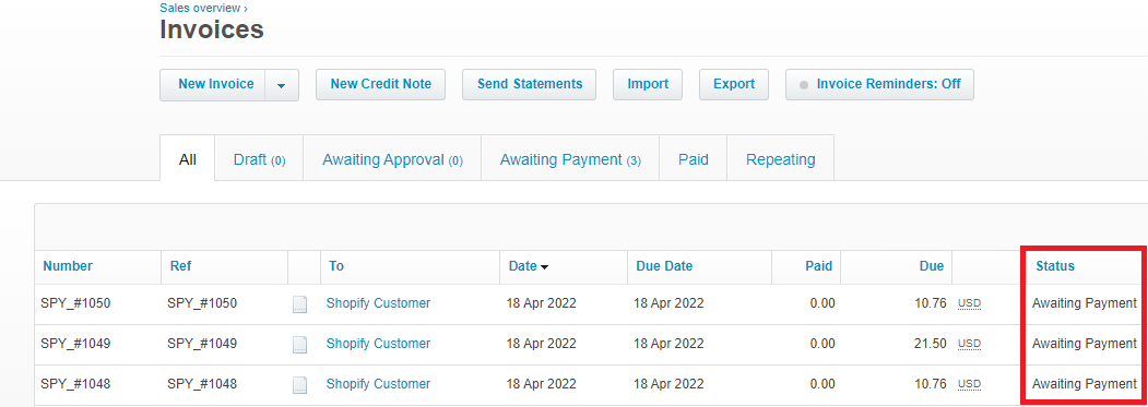 Invoices synced as awaiting payment in Xero by Xero bridge app.